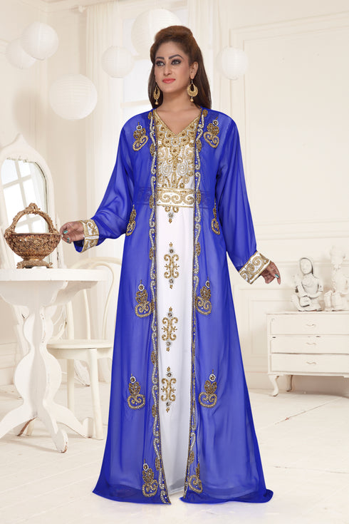 Royal Blue & White color luxurious Full Sleeves Handmade Two Piece Jacket Style Moroccan Kaftan.