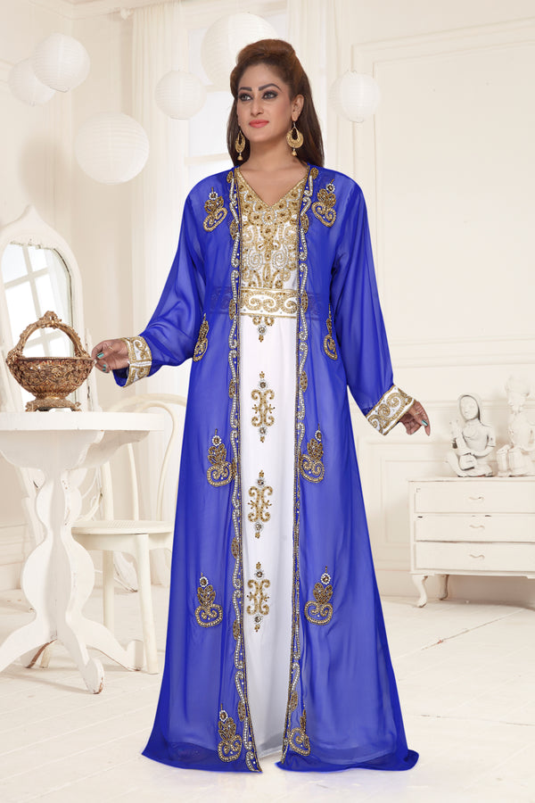 Royal Blue & White color luxurious Full Sleeves Handmade Two Piece Jacket Style Moroccan Kaftan.