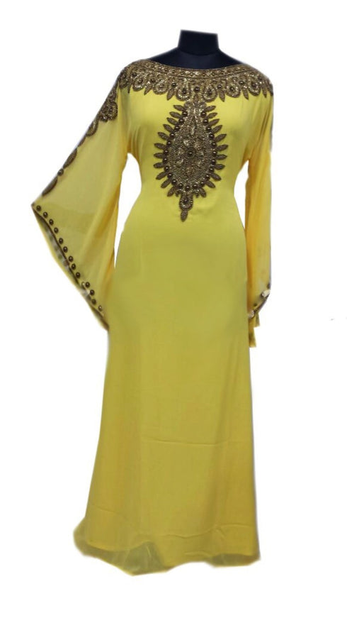 Yellow Georgette Farasha With Zari And Stone Work