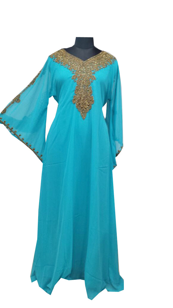 Turqoise Zari Stone Work Georgette Islamic Style Gown Beads Embedded PartyWear farasha