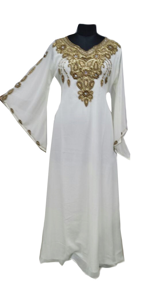 White Zari Stone Work Georgette Islamic Style Gown Beads Embedded PartyWear farasha