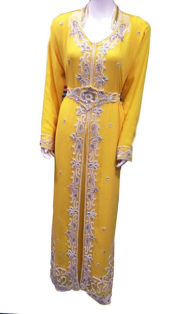 Yellow zari stone work georgette islamic style gown beads embedded partywear farasha