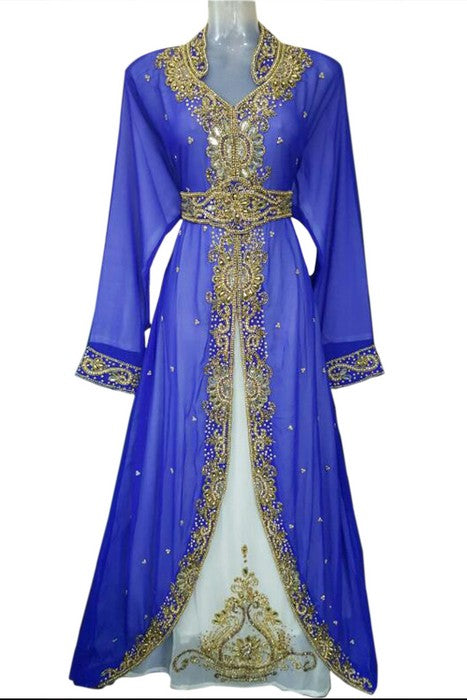 Blue Beads and Stone Work Georgette Hand Stiched Arab Moroccan Jacket Kaftan