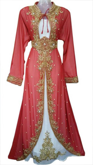 Red Beads and Stone Work Georgette Hand Stiched Arab Moroccan Jacket Kaftan