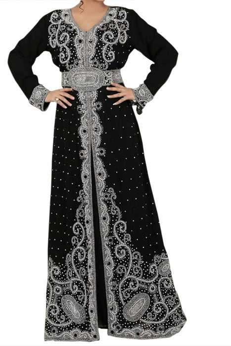Elegant Black Georgette Moroccan Kaftan with Intricate Silver Zari & Stone Work
