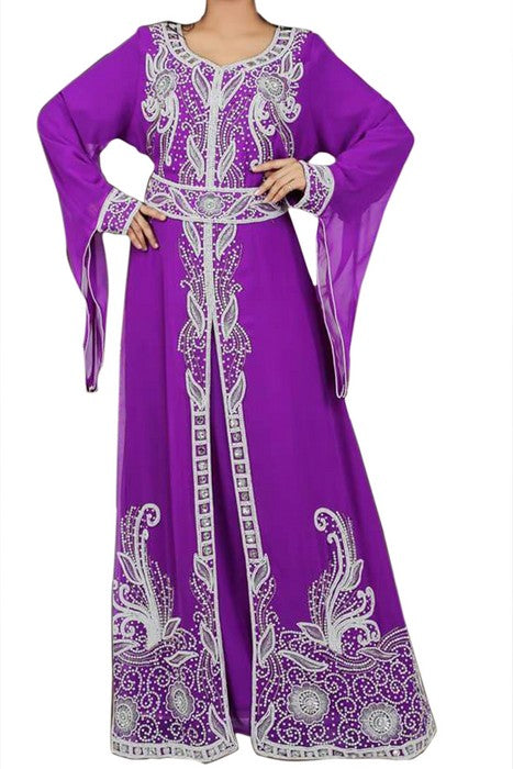Purple Beads and Stone Work Georgette Hand Stiched Arab Moroccan Kaftan