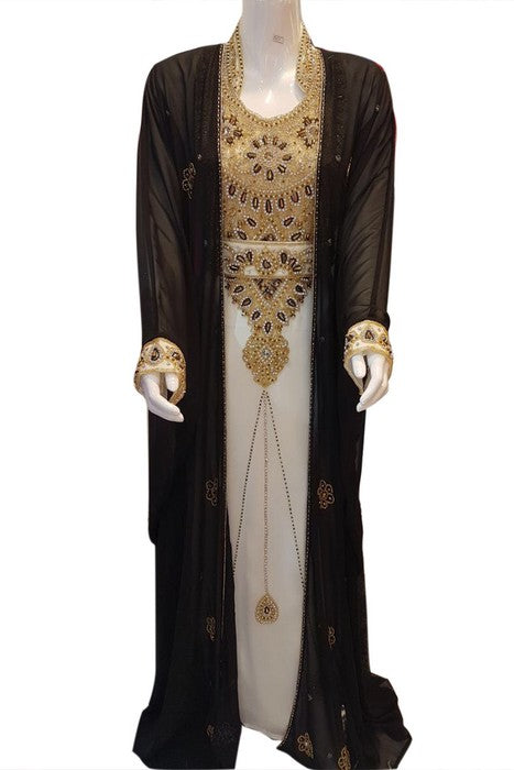 Black and White Beads and Stone Work Georgette Hand Stiched Arab Moroccan Jacket Kaftan