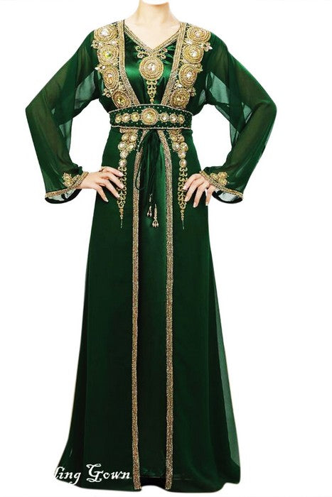 Green Beads and Stone Work Georgette Hand Stiched Arab Moroccan Jacket Kaftan