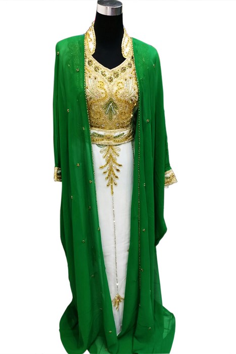 Green and White Beads and Stone Work Georgette Hand Stiched Arab Moroccan Jacket Kaftan