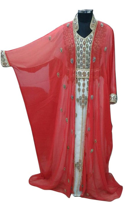 Peach and White Beads and Stone Work Georgette Hand Stiched Arab Moroccan Jacket Kaftan