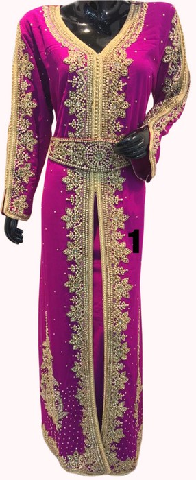 Magenta Beads and Stone Work Georgette Hand Stiched Arab Moroccan Kaftan