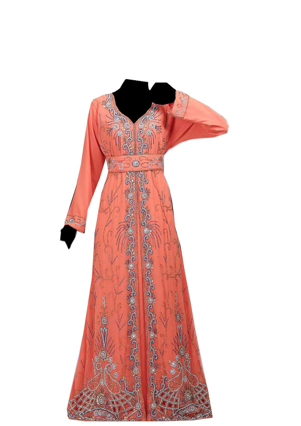 Peach zari stone work georgette islamic style gown beads embedded partywear farasha