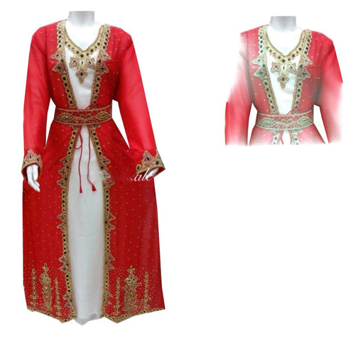 Red And Off White Georgette Islamic Kaftan With Zari And Stone Work