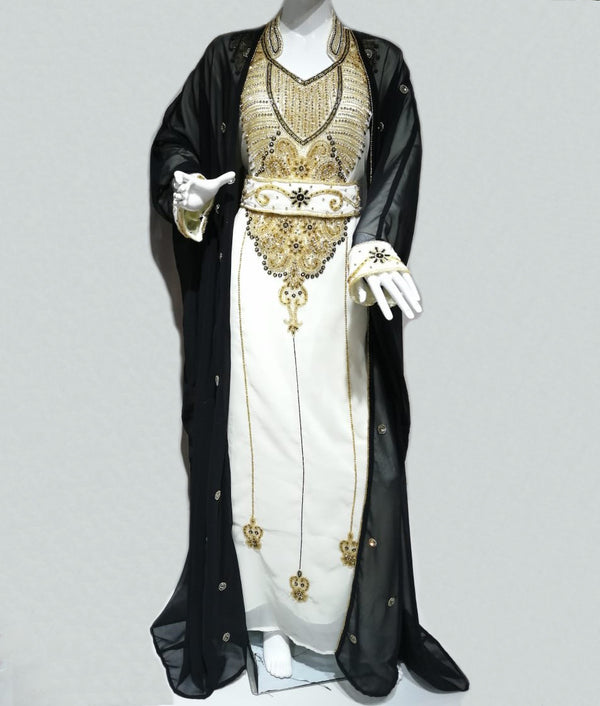 Black And White Beads And Stone Work Georgette Hand Stitched Arab Moroccan Jacket Kaftan With Sun-proof hijab.