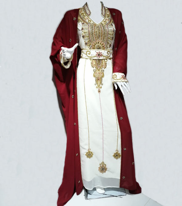 Maroon And White Beads And Stone Work Georgette Hand Stitched Arab Moroccan Jacket Kaftan With Sun-proof hijab.