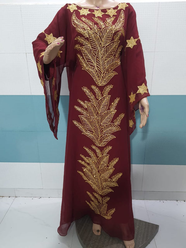 Maroon Aari & Stone Work stitched Georgette Farasha Party Wear