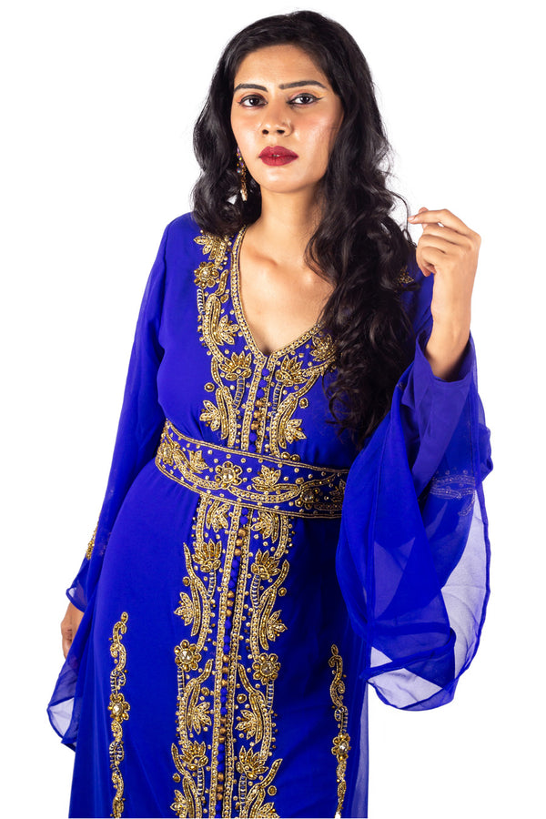 Royal Blue Copper beads luxurious Moroccan Kaftan With Sun-proof hijab.