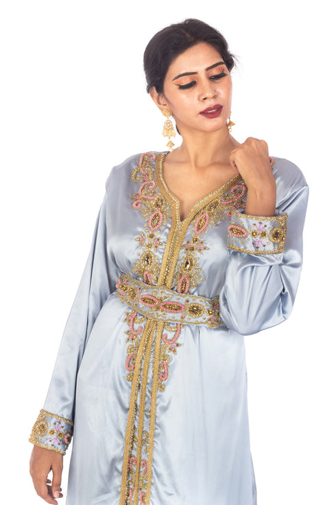 Pastel Blue Satin luxurious Moroccan Kaftan