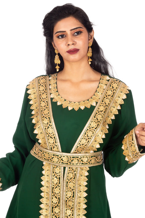 Bottle green luxurious Moroccan Kaftan with Sun-proof hijab.