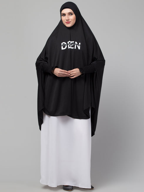 Nazneen Islamic Calligraphy printed stretchable smoking at wrist knee length Jilbab cum prayer khimar Hijab