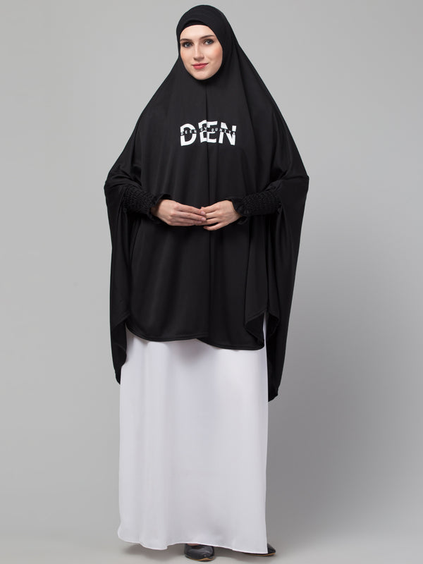 Nazneen Islamic Calligraphy printed stretchable smoking at wrist knee length Jilbab cum prayer khimar Hijab