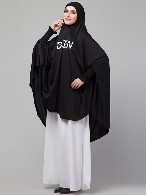 Nazneen Islamic Calligraphy printed stretchable smoking at wrist knee length Jilbab cum prayer khimar Hijab
