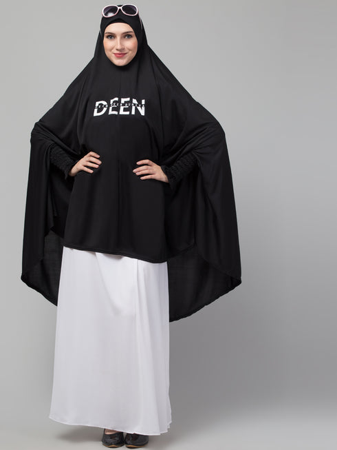 Nazneen Islamic Calligraphy printed stretchable smoking at wrist knee length Jilbab cum prayer khimar Hijab