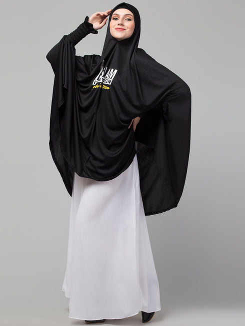 janab e aala stretchable jilbab hijab - printed calligraphy, black full sleeve, knee length