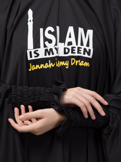 Nazneen Calligraphy Printed Khimar Jilbab - Knee Length, Stretchable Cuffs, Black