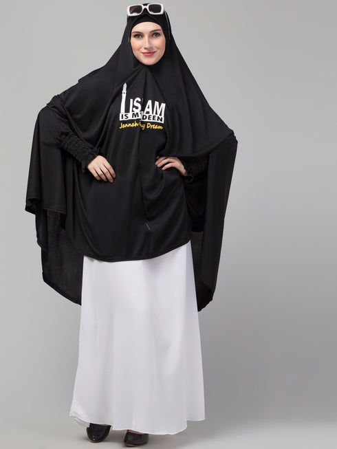 Nazneen Calligraphy Printed Khimar Jilbab - Knee Length, Stretchable Cuffs, Black