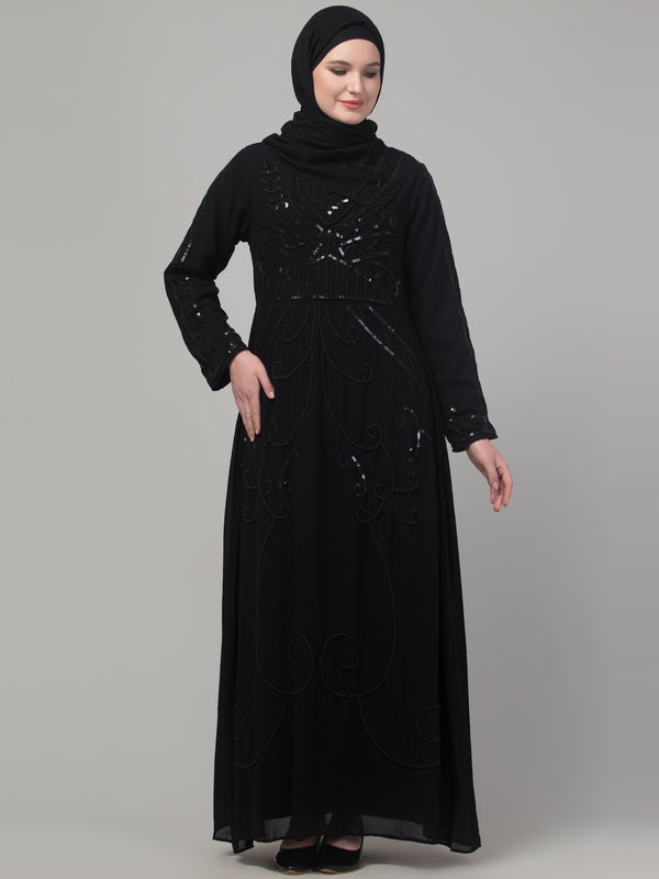 Black Georgette Sequin Embroidered Abaya with Hijab