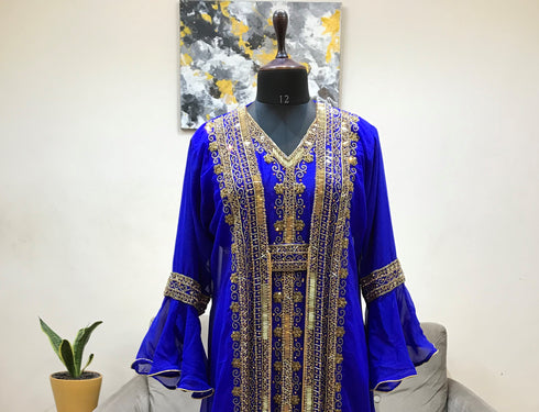 Royal Blue luxurious Bell Sleeves Moroccan Kaftan With Sun Proof Hijab.