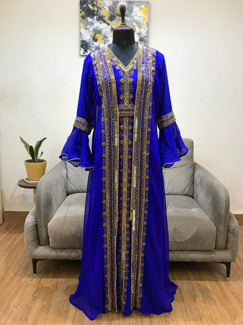 Royal Blue luxurious Bell Sleeves Moroccan Kaftan With Sun Proof Hijab.