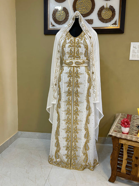 Grand White & Gold Layered Moroccan Kaftan Gown | Luxury Bridal & Event Dress