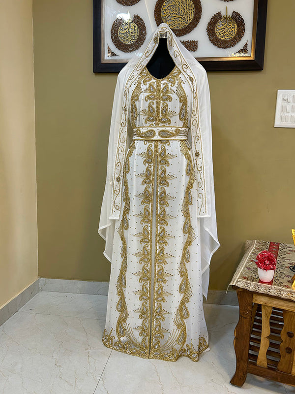 Grand White & Gold Layered Moroccan Kaftan Gown | Luxury Bridal & Event Dress