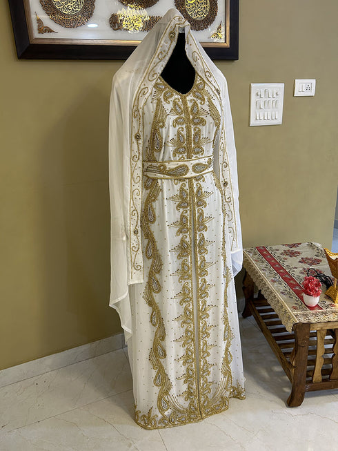 Grand White & Gold Layered Moroccan Kaftan Gown | Luxury Bridal & Event Dress
