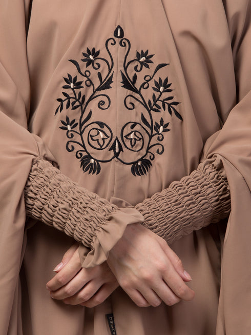 Nazneen Matt nida Front Embroidery stretchable smoking at wrist knee length Skin colour Jilbab cum prayer khimar Hijab