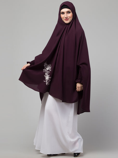 Nazneen Matt nida Front Side Embroidery stretchable smoking at wrist knee length Jilbab cum prayer khimar Hijab