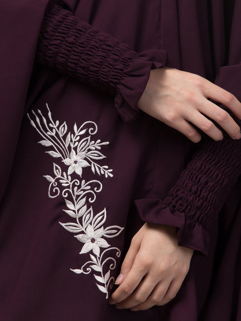 Nazneen Matt nida Front Side Embroidery stretchable smoking at wrist knee length Jilbab cum prayer khimar Hijab