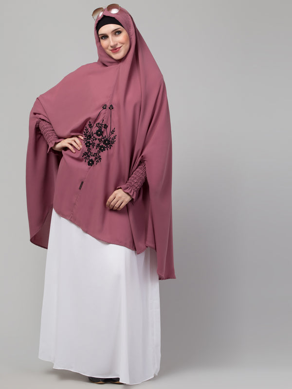 Janab E Aala Front Embroidered Jilbab – Stretchable Wrist, Knee Length, Mauve, Full Sleeve