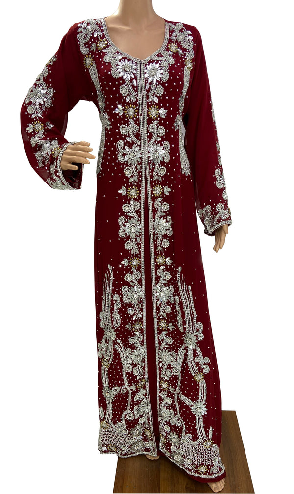 maroon georgette moroccan islamic dubai kaftan farasha zari and stone work dress