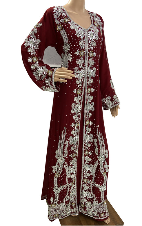 maroon georgette moroccan islamic dubai kaftan farasha zari and stone work dress