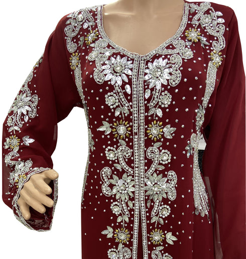 maroon georgette moroccan islamic dubai kaftan farasha zari and stone work dress