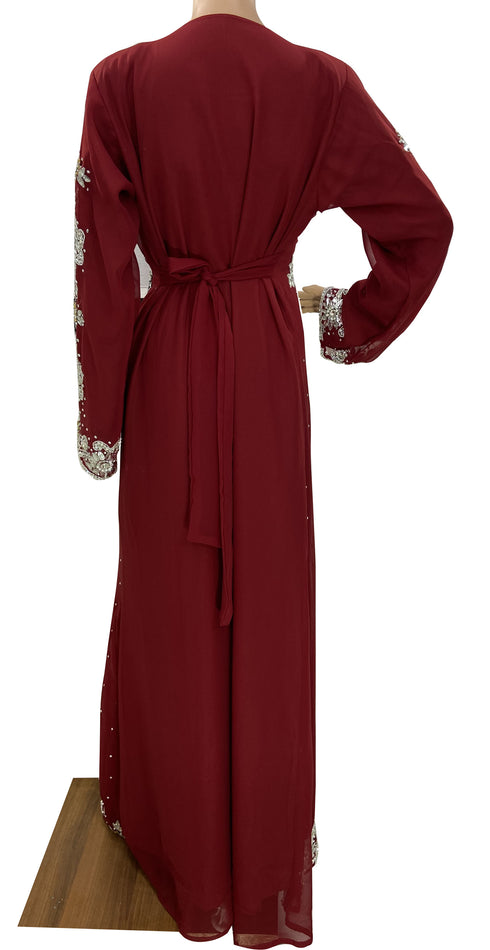 maroon georgette moroccan islamic dubai kaftan farasha zari and stone work dress