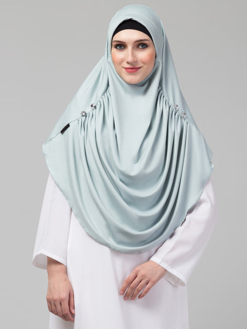 Front gather & pleated with Cristal stone Sky sage colour ready to wear prayer Hijab