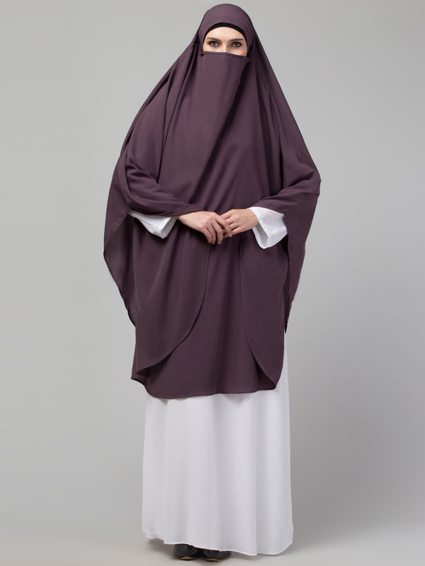 Nazneen Matt Nida Ready to Wear tie at back with Naqab Dusty Purple instant Khimer Prayer hijab
