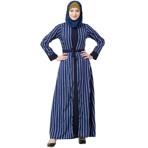 Double layered striped abaya- Navy Blue
