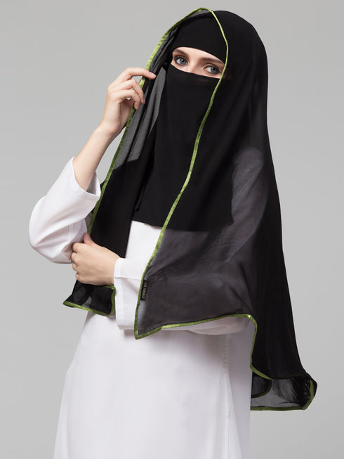 Nazneen Butterfly Arabian hijab With nose piece with green Satin tape
