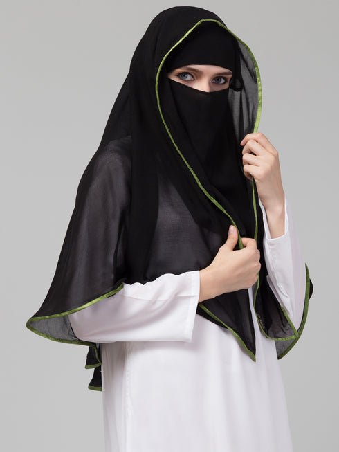Nazneen Butterfly Arabian hijab With nose piece with green Satin tape