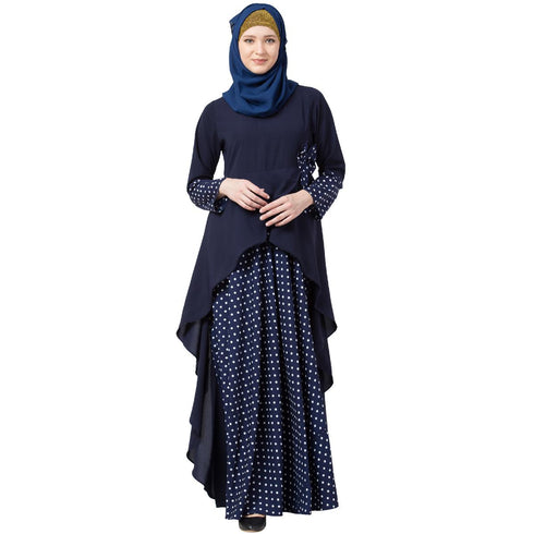 Polka Dotted Asymmetrical Dress Abaya- Navy Blue